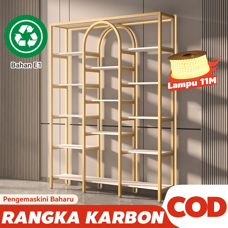 Mok 120-150cm rak paparan partisi emas/hitam dengan kapasiti galas beban yang tinggi dan ruang rak yang besar