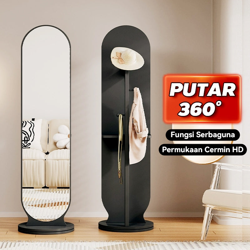【Versi dinaik taraf】 Mok 166*36cm Cermin 360 ° Rotating Chassis Glass+Rak Pakaian+Rak Penyimpanan Tiga dalam Satu