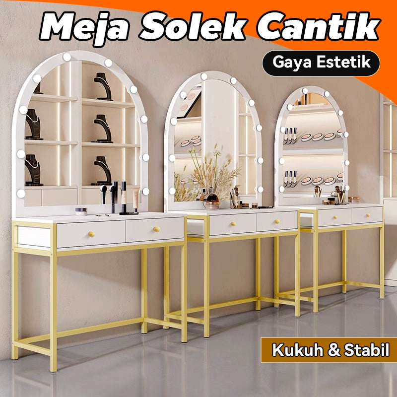 MOK LED Dressing Table 40cm Wide White Gold Frame Clear Mirror Large Storage, Durable Steel Design