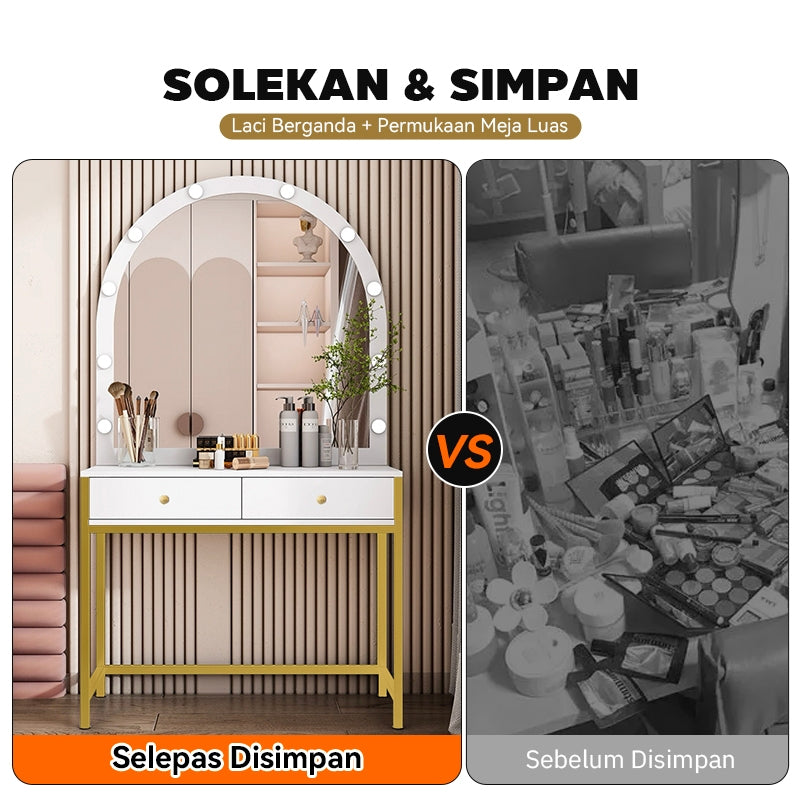 MOK LED Dressing Table 40cm Wide White Gold Frame Clear Mirror Large Storage, Durable Steel Design