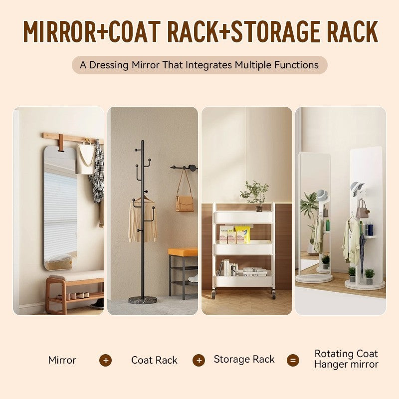 MOK 166cm Cermin 360 ° Rotating Chassis Glass+Clothes Rack+Storage Rack Three In One