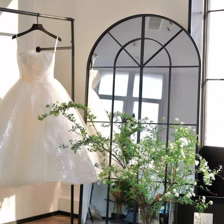 MOK Arched Iron Mirror Tempered Glass Wall Mounted/Floor Standing Explosion-Proof Glass Vintage/Cafe/Clothing Store